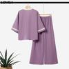 VONDA Oversized Womens Elegant Two Piece Set V Neck Half Sleeve Blouse and Wide Leg Pants Casual Loungewear Outfits