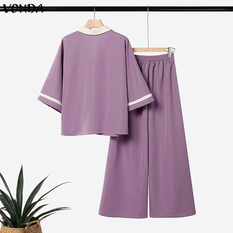 VONDA Oversized Womens Elegant Two Piece Set V Neck Half Sleeve Blouse and Wide Leg Pants Casual Loungewear Outfits
