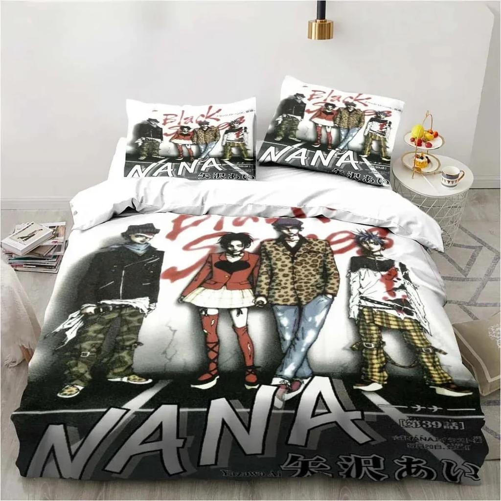 3D Druck Cartoons Schwarzer Stein NANA Manga Gedrucktes Bettset Bettbezug Kissenbezug Bettwäscheset Leinenlaken Steppdeckenbezug Queen-Size