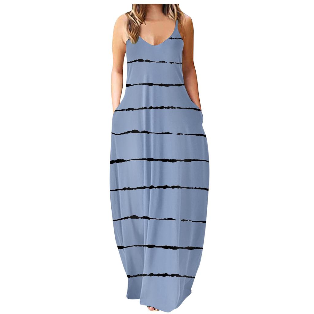 Women's Fashion Summer Casual Print V-Neck Sexy Sleeveless Dresses Long