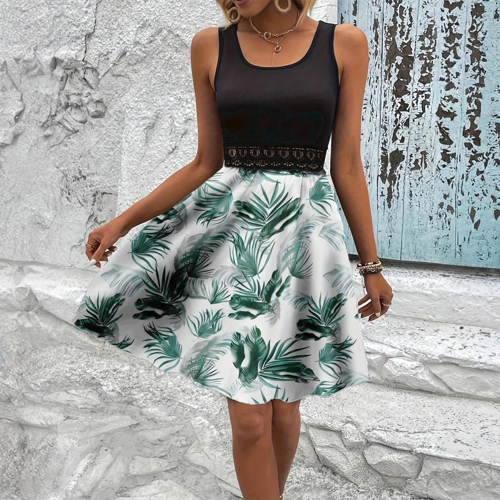 Women's Fashionable Retro Printed Color Blocked Vest Casual Dress