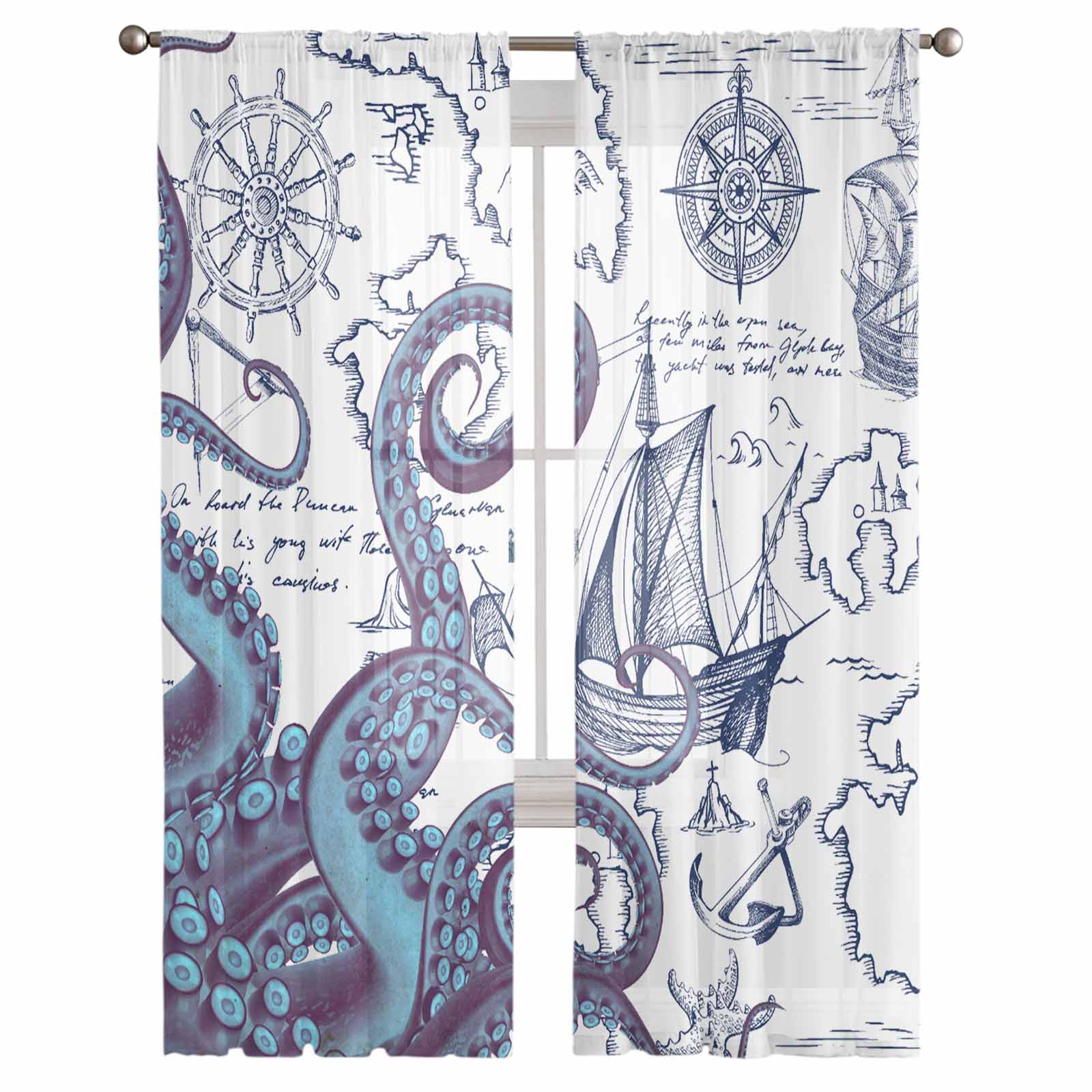 Пиратский корабль навигационная карта щупальца осьминога шторы для спальни тюль — фото 2