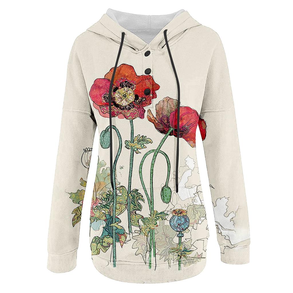 Dámská ležérní móda svetr s dlouhým rukávem a kapucí s květinovým potiskem
