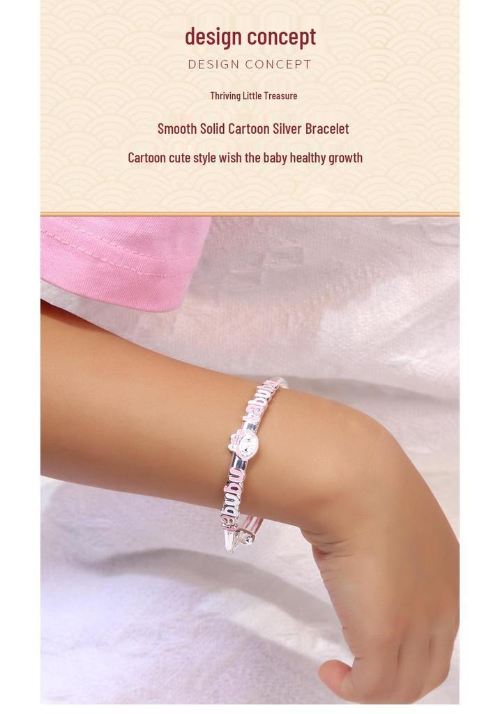 Sterling Silver Cartoon Bracelet for Girls 4-12 Years - Pink Push-Pull Design, Perfect Birthday Gift