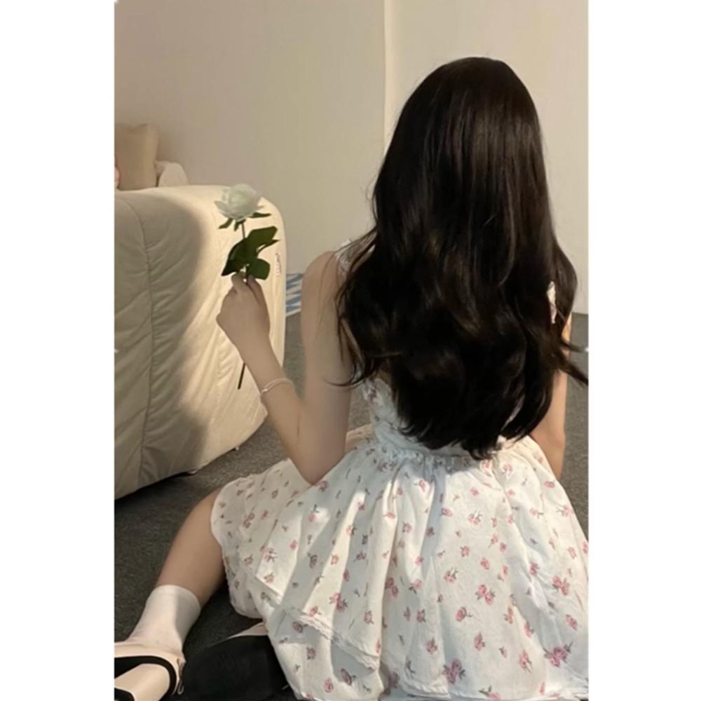 

Маленькое ветреное платье-сарафан с цветочным принтом, женское летнее милое пышное платье принцессы, короткое платье XL- (recommended 110-60kg)