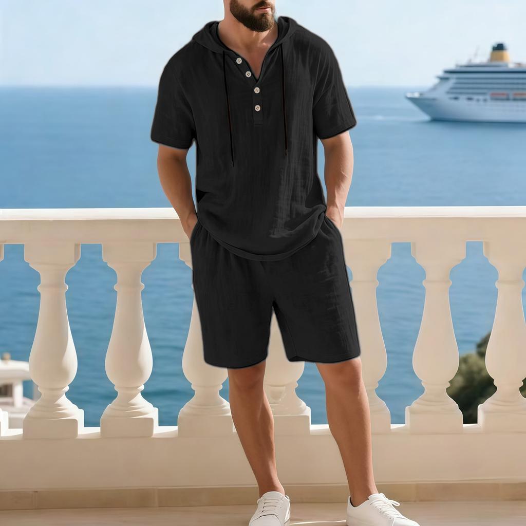 Set Casual Due Pezzi da Uomo a Manica Corta con Cappuccio e Pantaloncini a Colore Solido