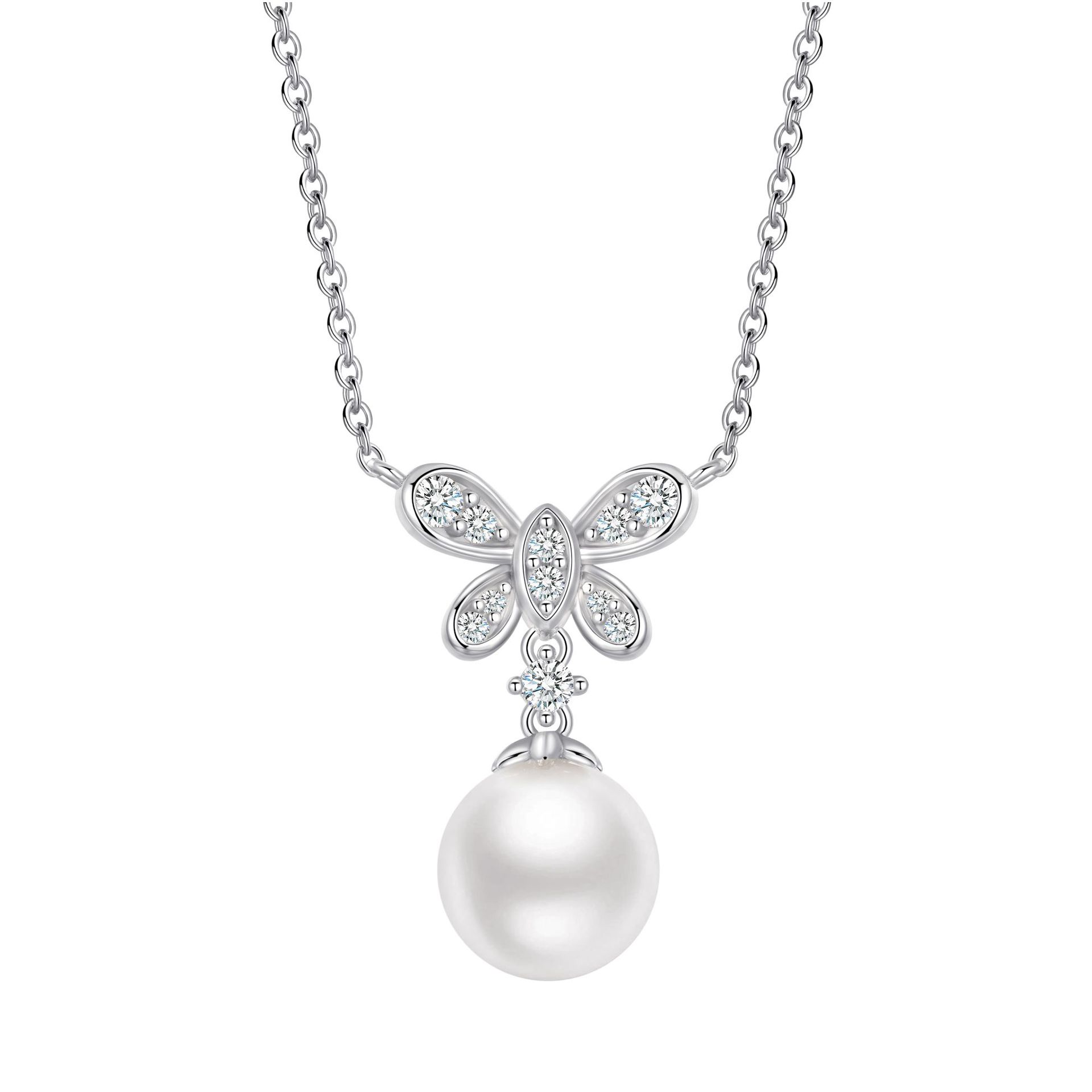 S925 Sterling Silver Pearl Necklace Women s Bead Neck Chain Jewelry Butterfly Pendant Light Luxury Accessories Short 925 silver платиновый