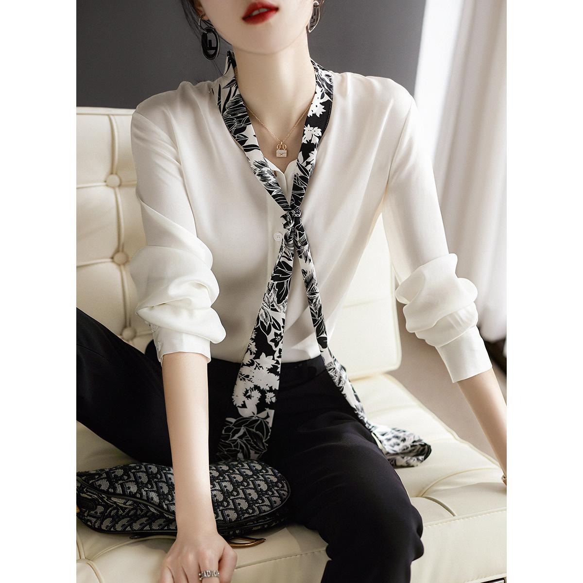

Новая осенняя рубашка из искусственного шелка с кружевным принтом для женщин с нишевым дизайном и зрелым гонконгским стилем 2XL белый