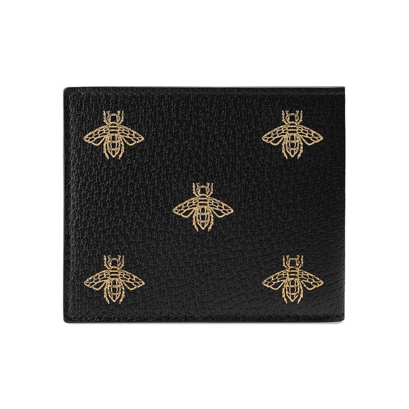 Gucci Bee Print Short Bifold Leather Wallet Men's Black