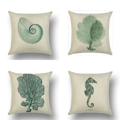 Hand-painted Marine Style Undersea Creatures Starfish Seahorse Seagrass Coral Linen Pillowcase Cushion Set Decorative Pillow
