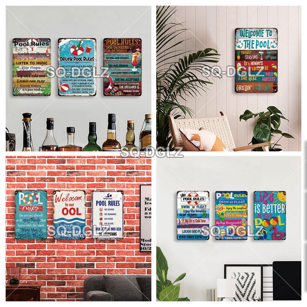 SQ-DGLZ Vintage Warning Pool Rules Metal Sign Plate Tin Sign Plate Home Bar Door Wall Decor Sticker Decoration Plaque Poster