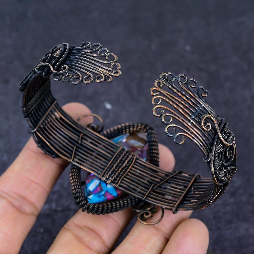 Spiny Oyster Gemstone Copper Wire Wrap Cuff Bangle Adjustable