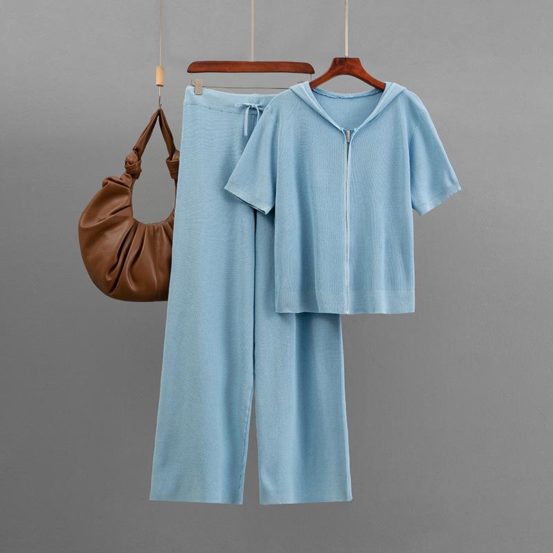 Knitted Solid Color Loose Zipper Hooded Short-sleeved Top Set + Casual Wide-leg Pants Two-piece Set