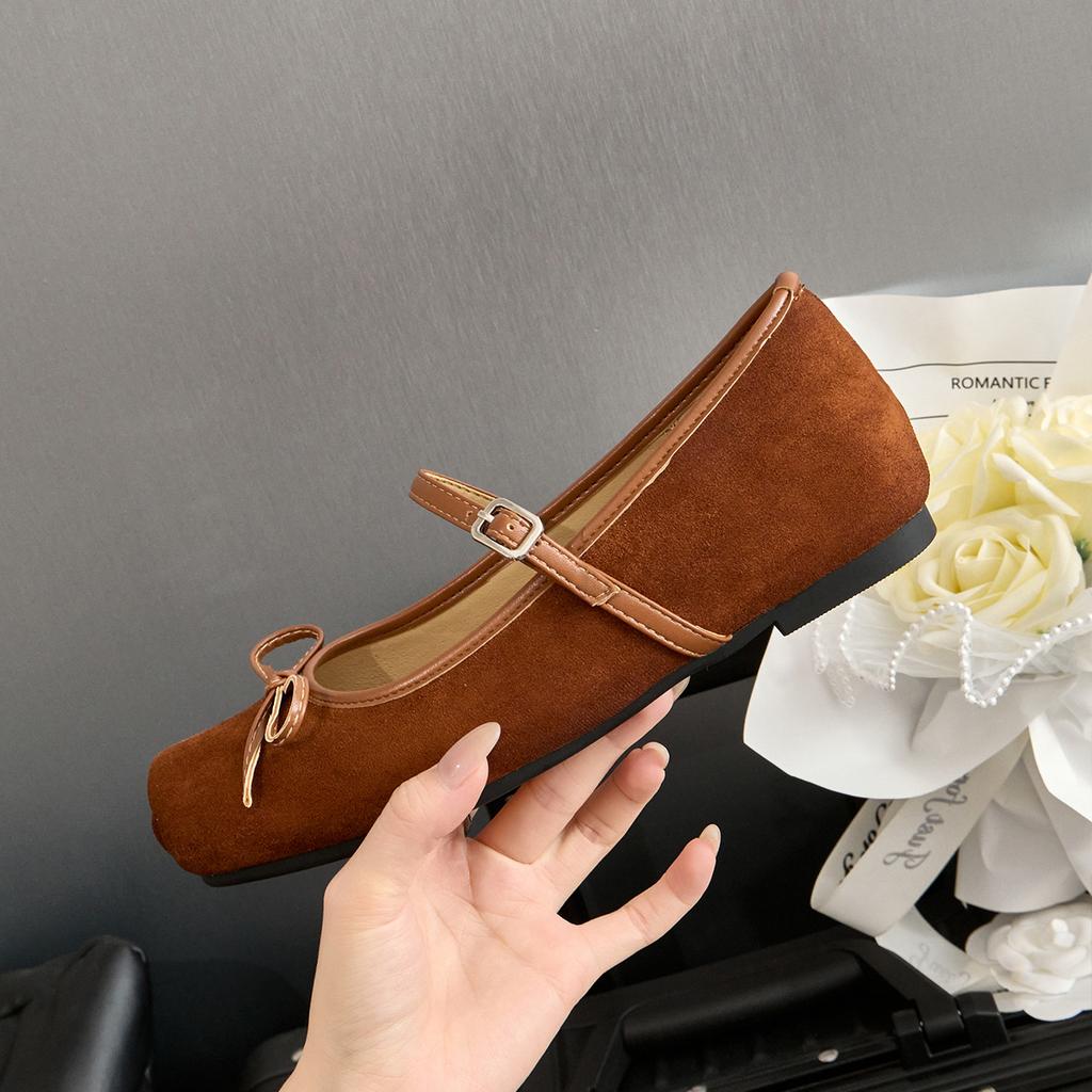 Ballet single shoes bow one-word buckle Mary Jane women's shoes 2025 autumn flat inner height increase shallow mouth shoes