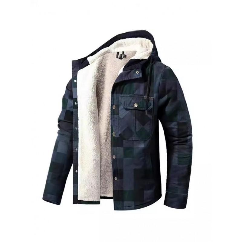 Mens Thick Cotton Coat Plaid Long Sleeve Loose Hooded Jacket Casual Winter Warm Outerwear