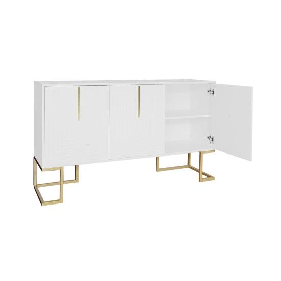 U-shaped Handle Metal Legs Kitchen Cabinet with 3 Doors Height-Adjustable Shelves Coffee Bar Storage Cabinet Dining Room Furniture, White