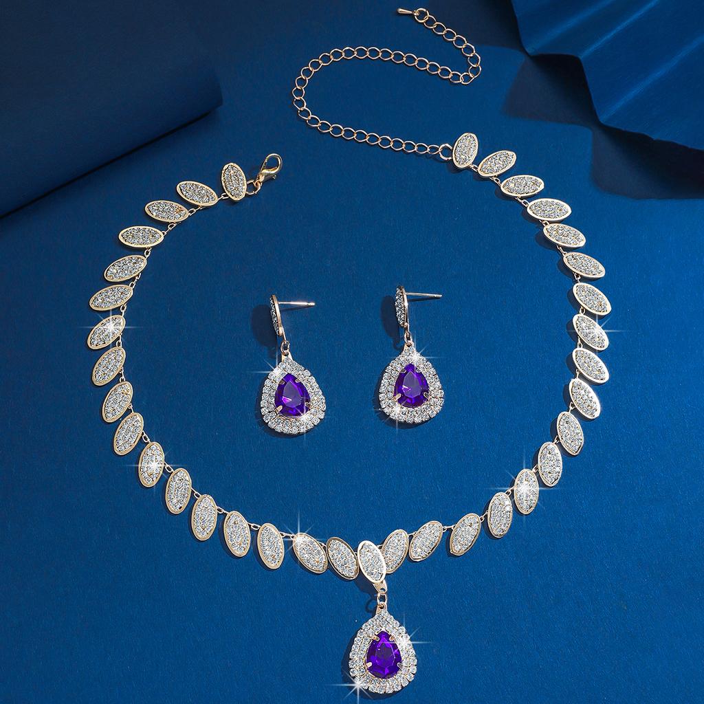 3PC Women's Fashion Copper Inlaid Claw Chain Starlight Water Drop Necklace Earring Set Suitable for Wedding, Party, Festival Gif