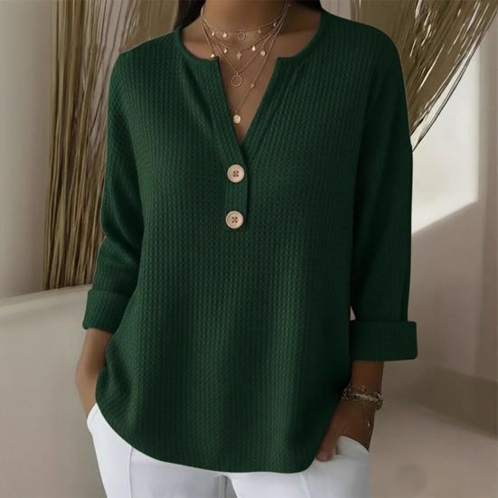 Damtoppar V-ringning Knappar Halvknäppning Långärmad Pullovertoppar Enfärgad Lös passform Våffelstruktur Mjuk Stretchig Vardagstoppar