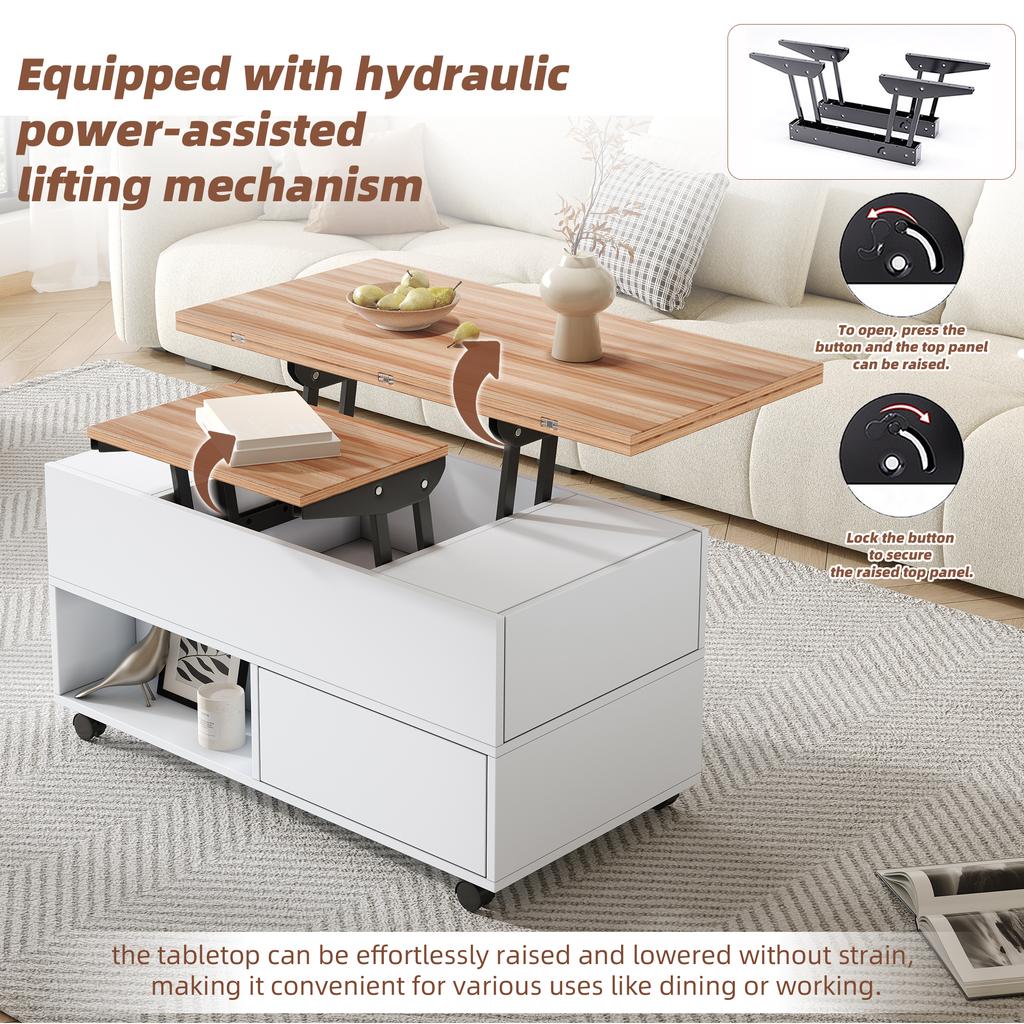 Mesa de Café de 100*50*52cm con 4 Ruedas, Mesa de Sala de Estar con 4 Cajones, Mesa de Café Elevable, Mesa para Sofá de Altura Ajustable, Blanco + Color Madera