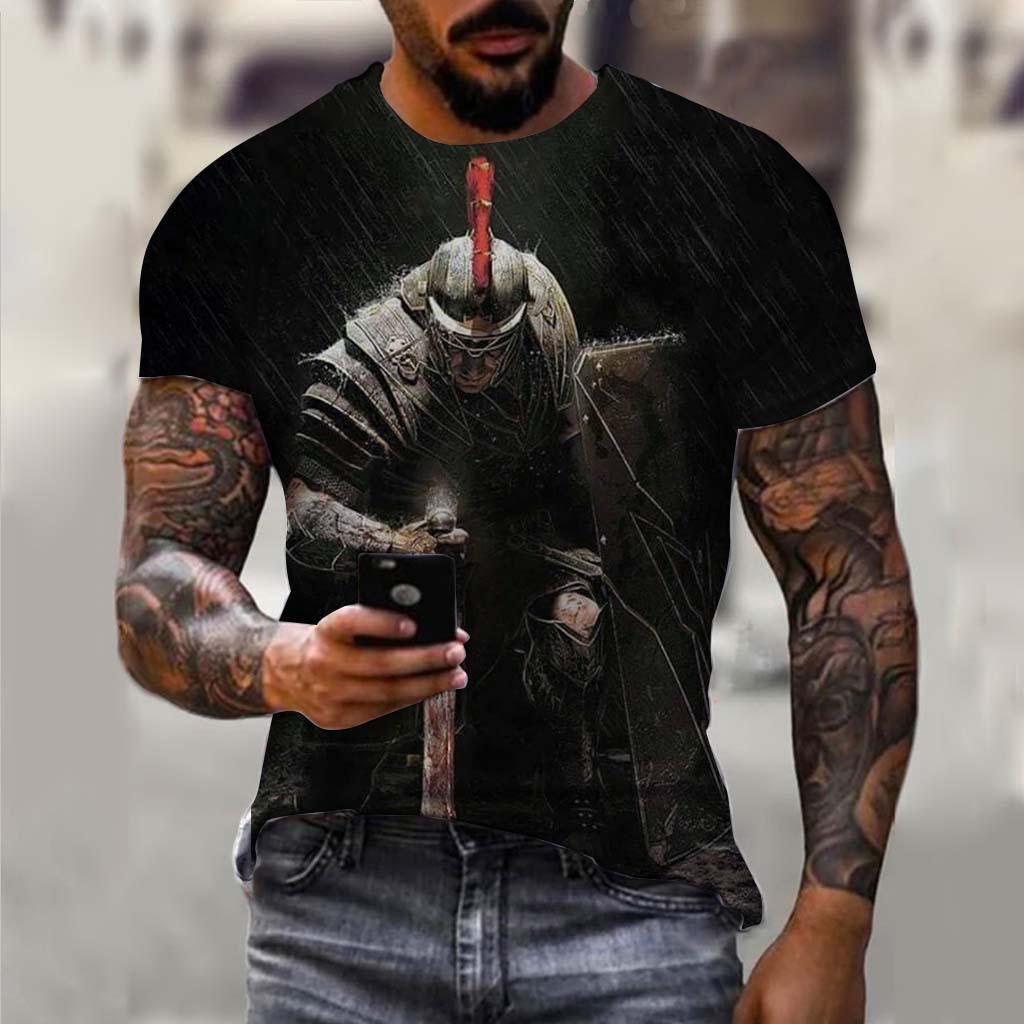 Samurai 3D Printed Short Sleeved T-shirt Summer Breathable Polyester Simple Round Neck Top