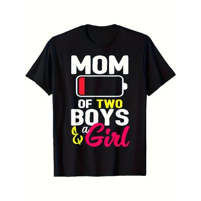 Druck: Mutter von zwei Jungen und einem Mädchen Damen Casual Kurzarm Stretch T-Shirt