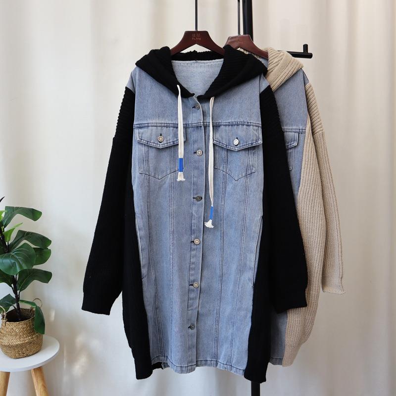 Hooded Long Denim Splicing Sweater Jacket Autumn and Winter New Design Thickened Loose Knitted Cardigan Women