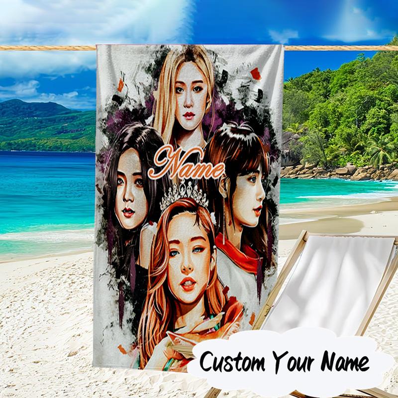 Custom Name Floral Fantasy Kpop Microfiber Beach Towel Super Soft & Absorbent for Bath, Beach, Travel Bath Time Accessory, Fan Gifts