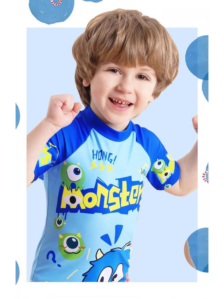 Chlapecké kreslené jednodílné plavky s krátkým rukávem na zip a ochranou proti slunci (2025)