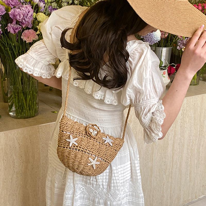 Shell Flower Decoration Design Woven Crossbody Bags Woman Y2K Harajuku Vintage Beach Vacation Style Handbag KTB