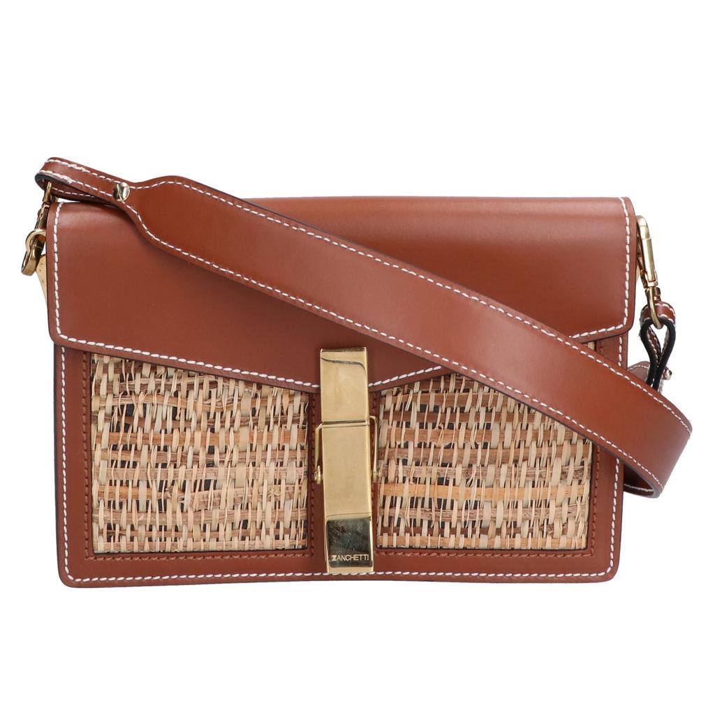 ZANCHETTI [Excellent Condition] Raffia X Leather Clip Shoulder Bag Brown / beigeUsed