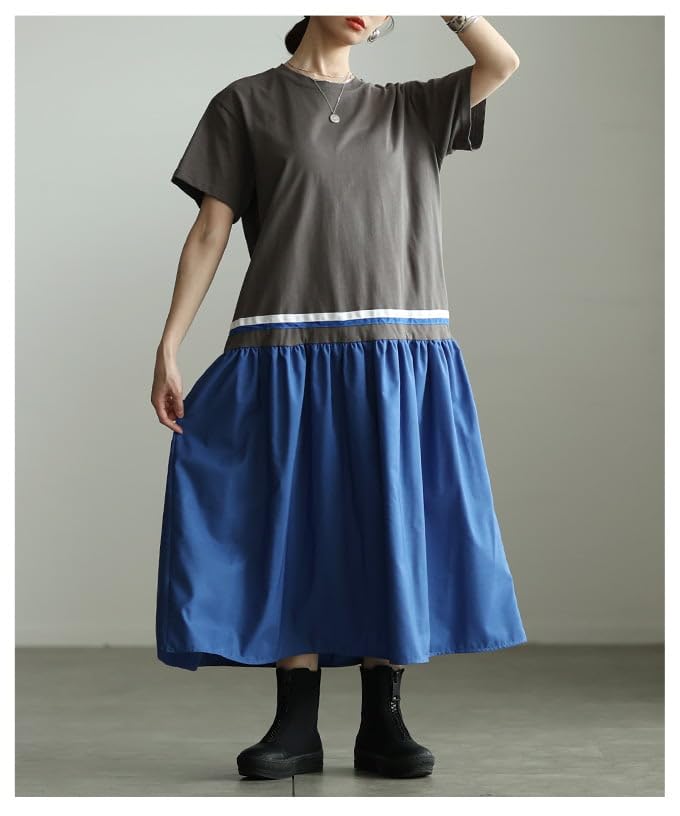 la Contrast Color Cotton Dress for Women Long Short Free Gray [sawa á mode] - Length, Sleeves, Figure-Flattering, Casual, Spring/Summer, Spring/Summer