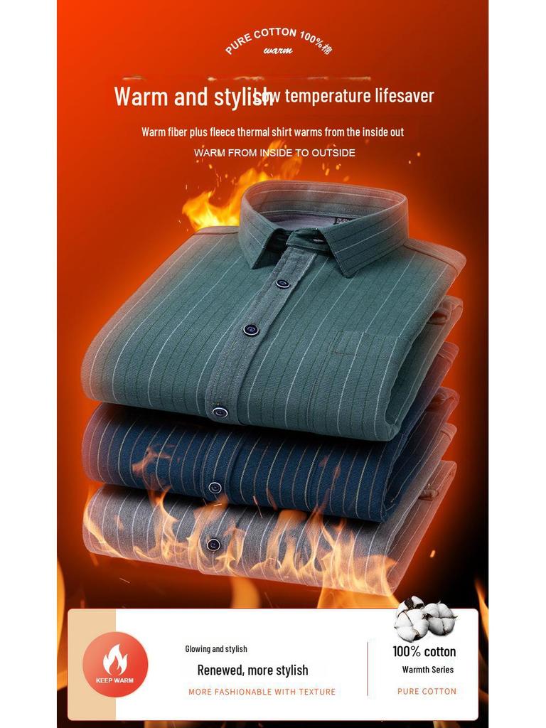 Men's Long Sleeve Cotton Plaid Shirt with Velvet Lining