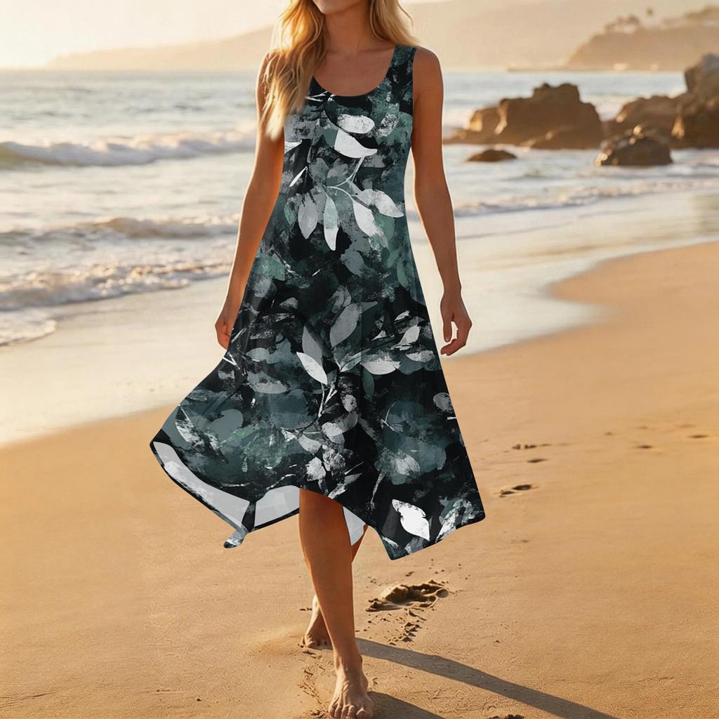 Damen Lässiges Mode-Midikleid mit Rundhalsausschnitt, ärmellos und unregelmäßigem Saum