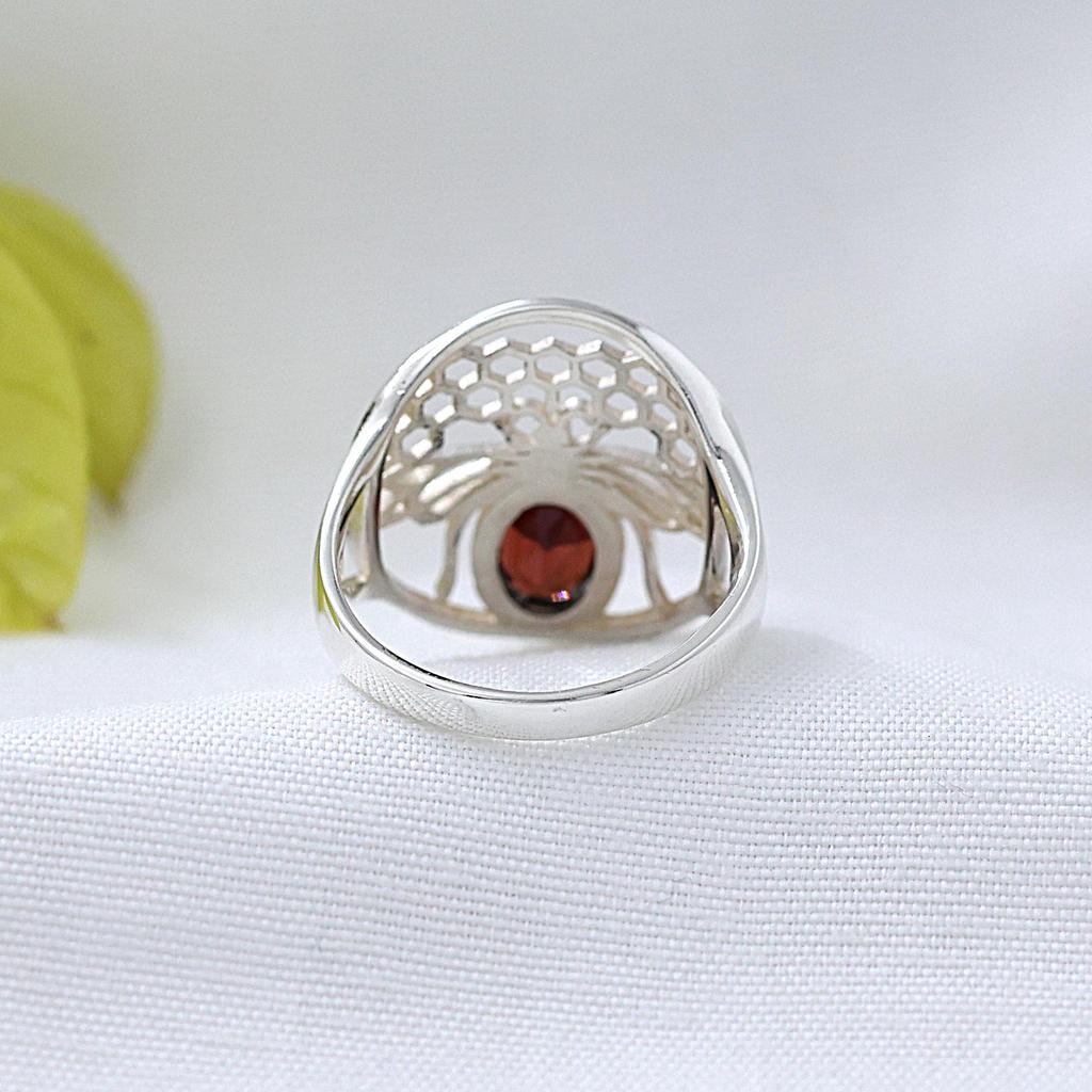 Honey Bee Garnet Silver Ring 925 Sterling Silver Jewelry Handmade Ring