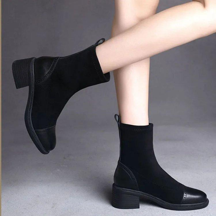 Elastic thin boots women's autumn and winter fleece thickened 2025 new soft leather splicing small bare boots medium heel thick heel medium boots