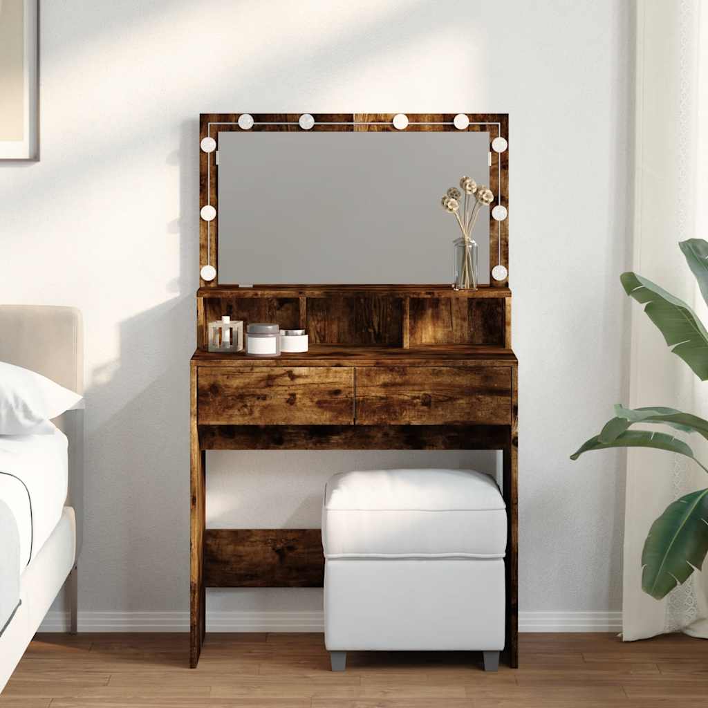 Makeup Vanity with LED Lighting Smoked Oak Finish 80 X 41 X 134.5 Cm