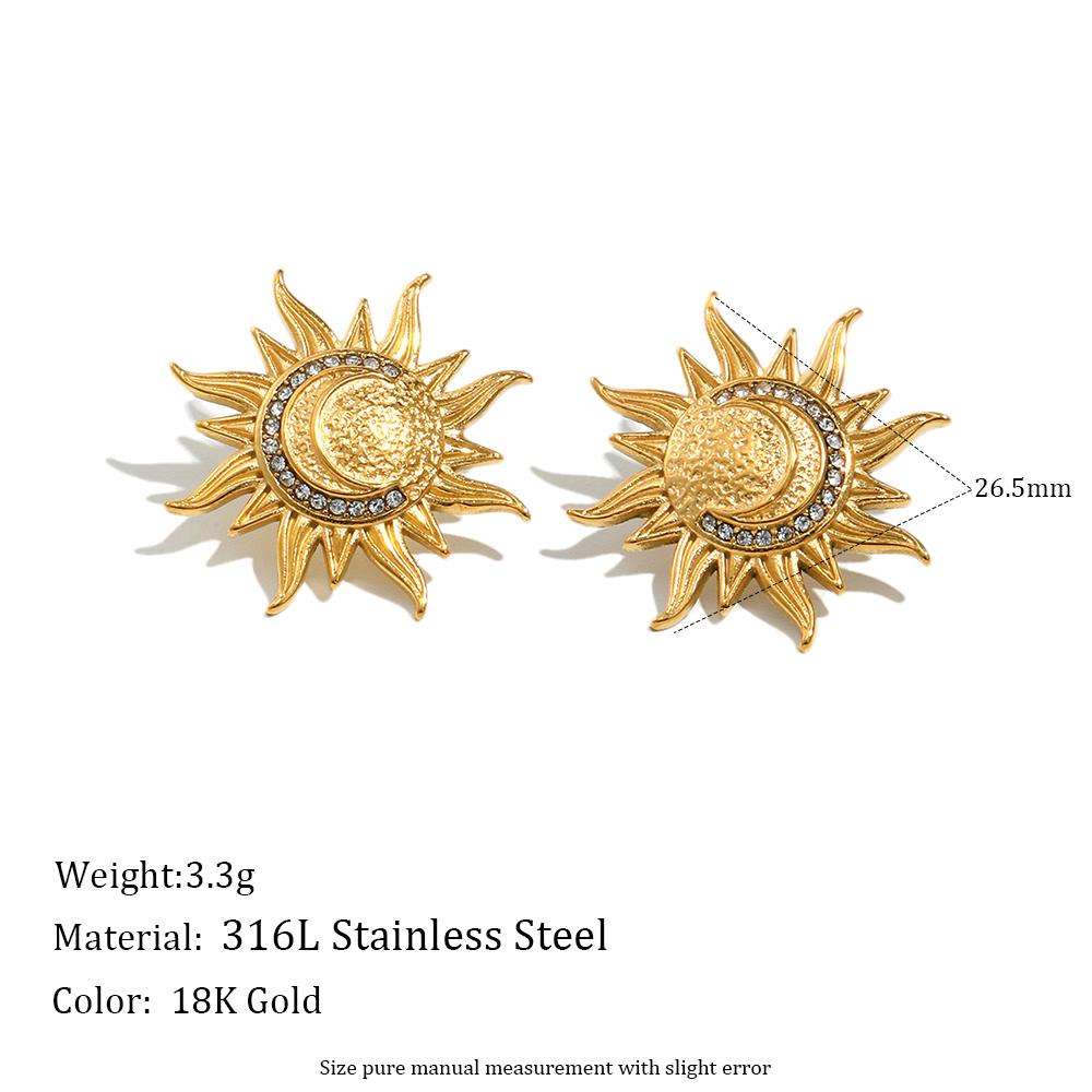 E.B.belle Stainless Steel The Sun Stud Earring Of Artistic Style With Zircon Stone Moon Creative Tarnish Free Jewelry Decoration