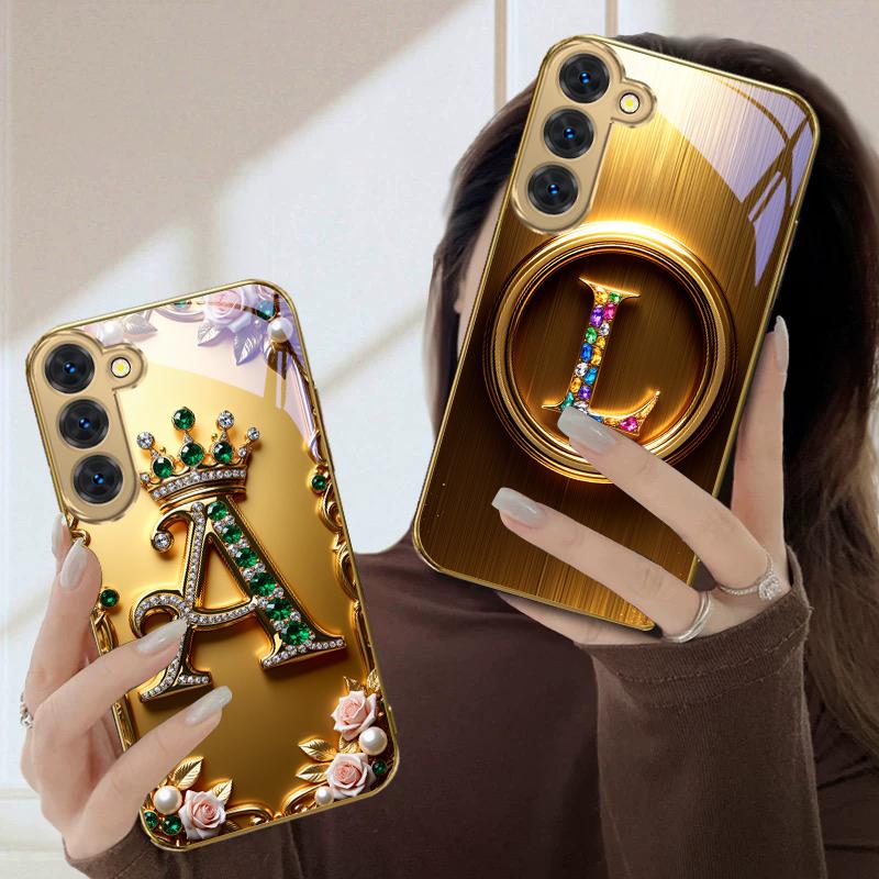 The ornate letter "S" For Samsung Galaxy S26 S20 FE S21 S22 Ultra 23 Plus 24 Ultra 25Ultra S21+ 22Plus Golden glass phone case
