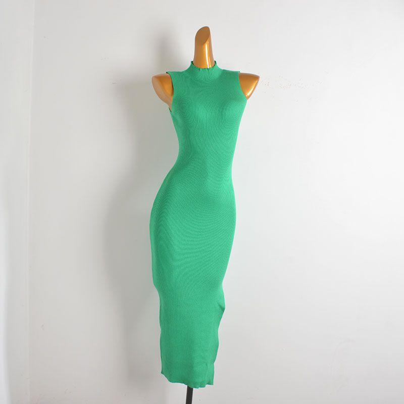 Foreign Trade Single Half Turtleneck Knitted Dress for Women Spring and Summer New Solid Color Long Dress Hot Girl Slim Sleeveless Vest Dress
