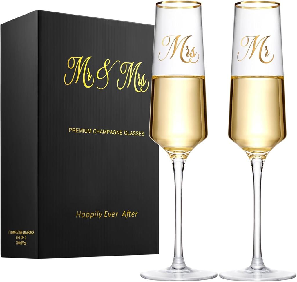 Söta Mr & Mrs Bröllopschampagneglas – Unik Bröllopsduschpresent för Nygifta & Förlovade Par