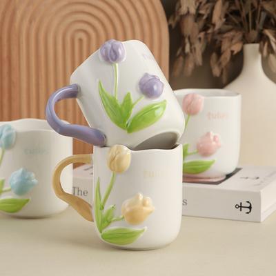 450ML Tulip Ceramic Cup Three-dimensional Embossed Flower Coffee Mug Afternoon Camellia Flower Tea Cup Home Breakfast Milk Mug