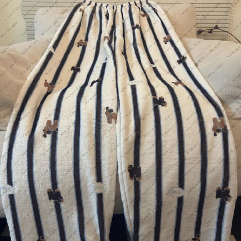 Women's Autumn and Winter Classic Striped Long Pants Pajama Pants Warm Flannel Casual and Simple Loose Home Pants