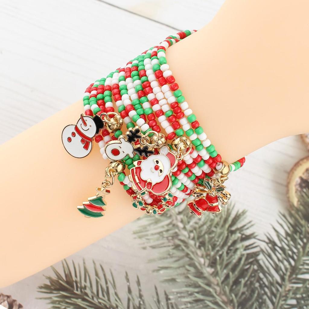 Holiday Pearl Beaded Bracelet Set with Santa & Reindeer Charms - Unisex Festive Hand Rope