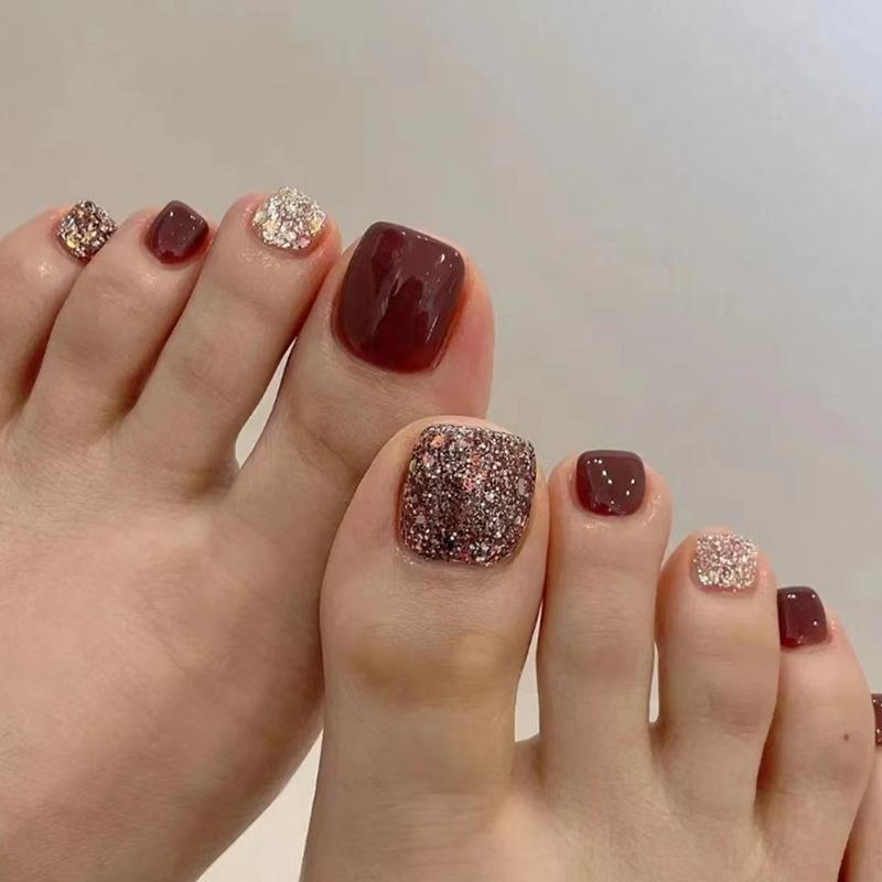 Champagne flash solid color burgundy New Year's bride's foot nail nail piece manicure foot wear nail product