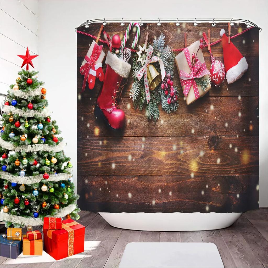 GAEChristmas Printed Bathroom Shower Curtain Snowman Santa Claus Waterproof Polyester Curtain Home Decoration Window Christmas