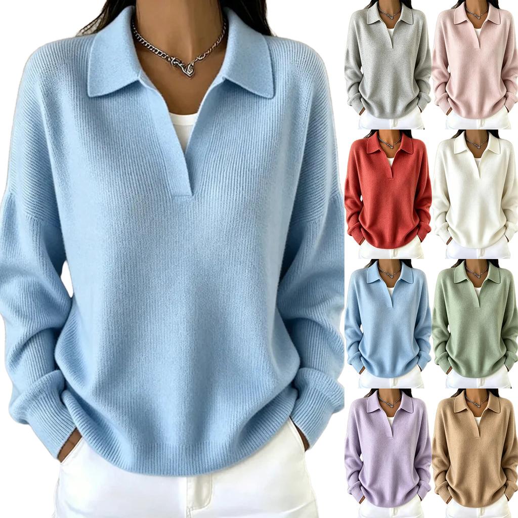 Women's V-Neck Collared Ribbed Knit Loose Fit Casual Sweater for Spring and Fall