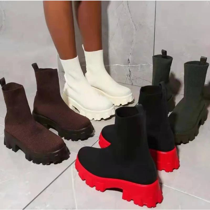Fashion Autumn New Socks Shoes Woman Stretch Fabric Mid-Calf Casual Platform Boots Net Red Knitted Short Boots Women Plus Size Booties