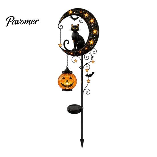 Fall Party Outdoor Lighting Halloween Solar Garden Stake Light, Metal Black Cat & Pumpkin Moon Waterproof Wireless Powered Yard Lights Decorations for