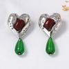 Exaggerated Retro Heart Gemstones Green Water-drop Resin Dangle Earrings for Women Temperament Court-style Stud Earrings Jewelry
