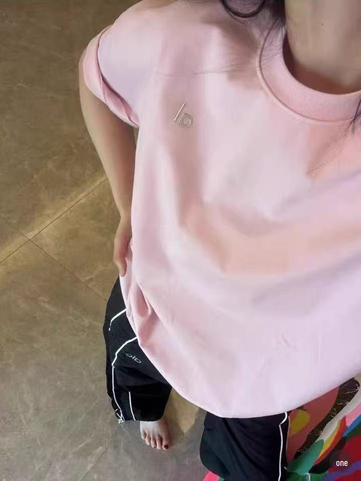 Aloyoga Damen Candy-Farbe Rundhals Locker Geschnitten Kurzarm T-Shirt